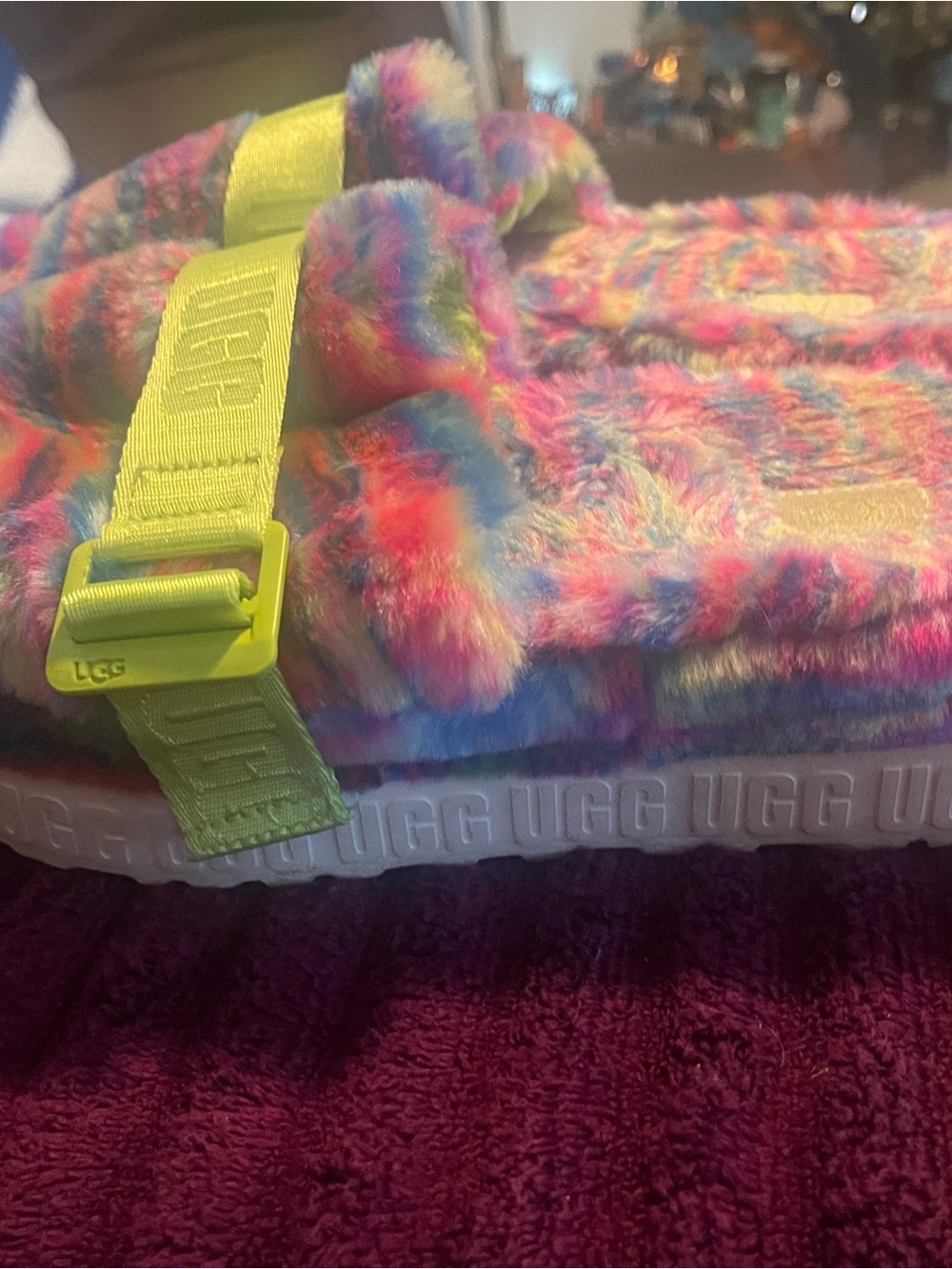 UGG Rainbow Faux-Fur Slide Sandals with Neon Strap cross posted